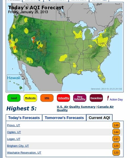 US Current air quality January 25, 2013